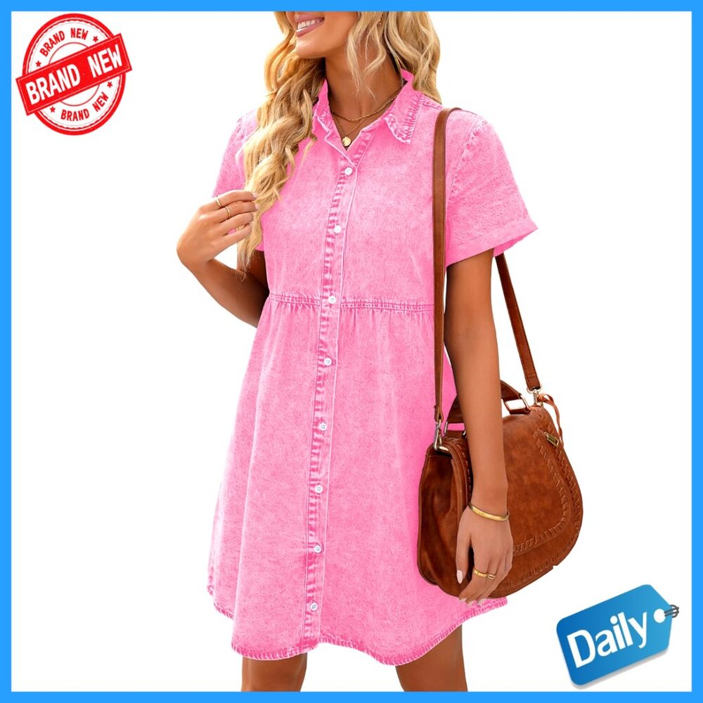 Denim Babydoll Dress Short Sleeve Button Down Tiered Casual Y2k Chic